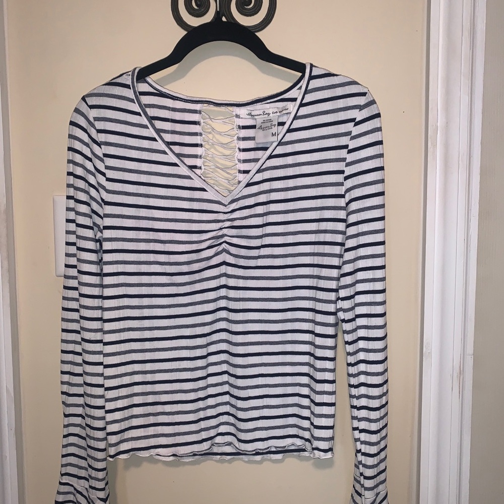 American Rag Cie M Long Sleeve White Black Striped Shirt Lace Criss Cross Back